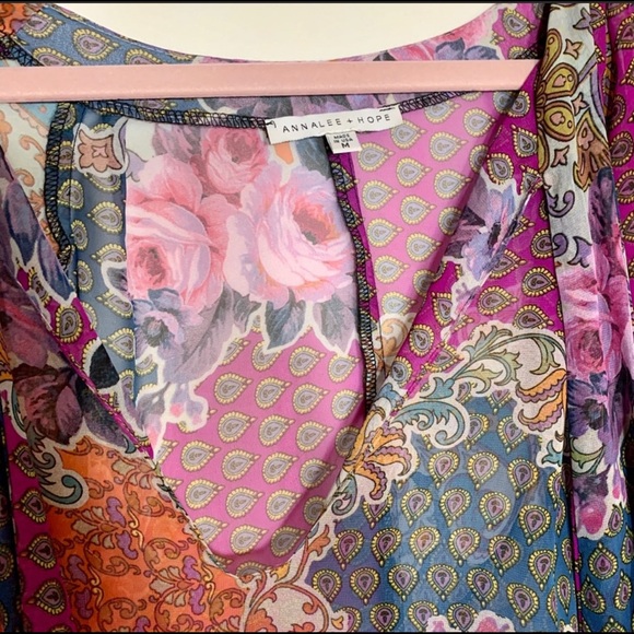 Annalee + Hope bell sleeves patchwork sheer blouse - Picture 2 of 4